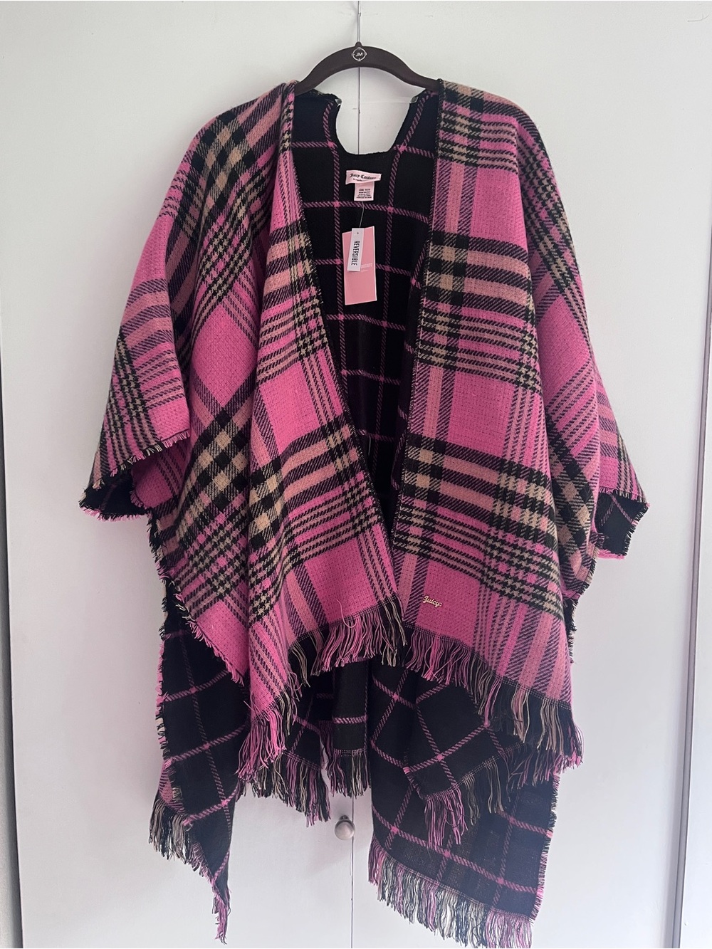 Juicy Couture Pink and Black Plaid Fringe Cape Poncho